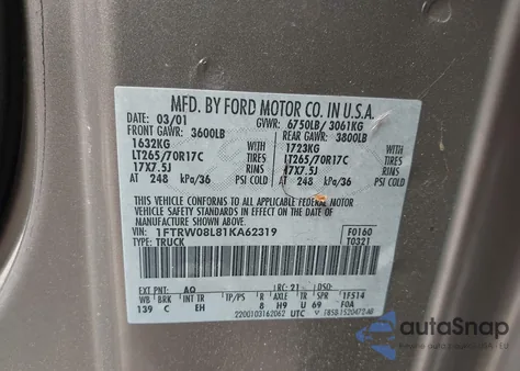 2001 Ford F-150 King Ranch Edition/Lariat/Xlt из США, поврежденный, VIN 1FTRW08L81KA62319